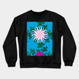 White and Pink, Cerise and Purple Flowers on a Vine Leaf and Vibrant Blue background Crewneck Sweatshirt